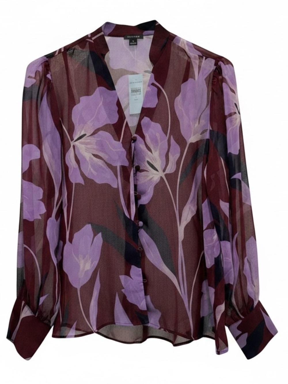 Ann Taylor Burgundy Floral V-Neck Button Blouse with Lilac Print